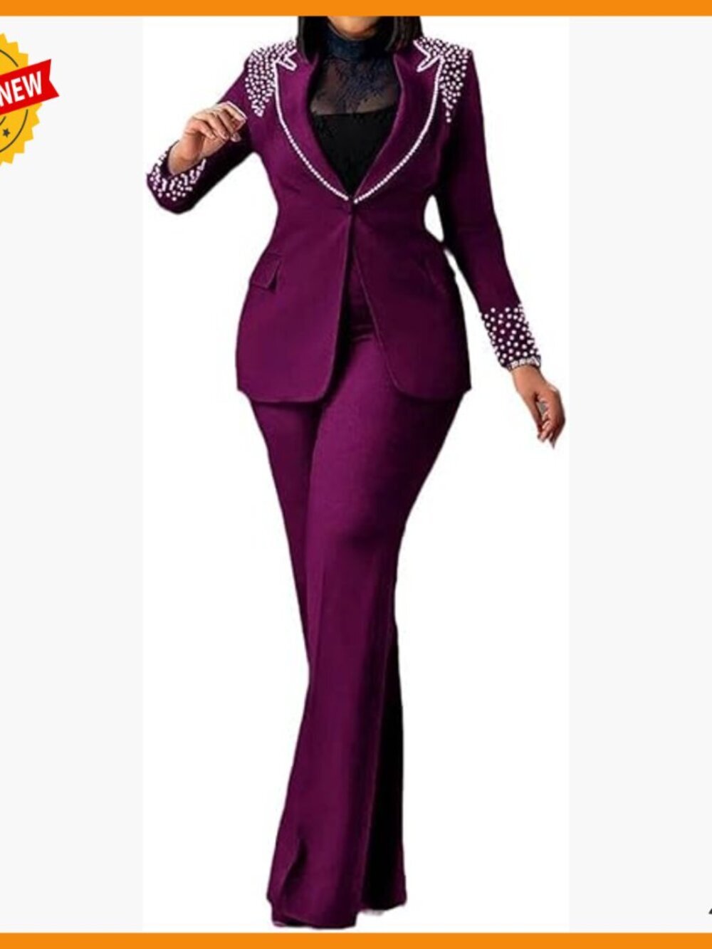 Women's Business Pantsuit Set with Pearls, Long Sleeve Blazer and Slim Fit Pants